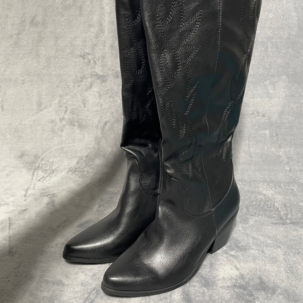 Black Western Cowboy Boots Tall Pointed Toe Embroidered Side Zip Wide Width 8W